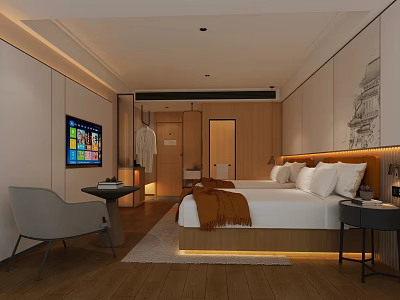 Modern Hotel Guest Room Interior With Double Bed Flat Screen TV Armchair And Wooden Accents 3d model