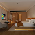 Modern Hotel Guest Room Interior With Double Bed Flat Screen TV Armchair And Wooden Accents