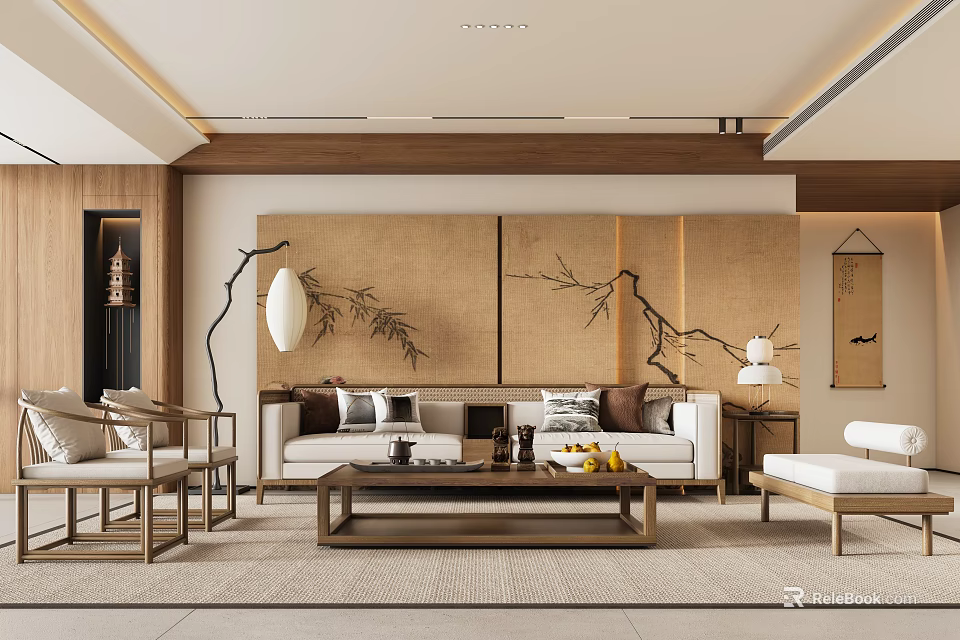 Modern Light Luxury Living Room With Wooden Furniture And Artistic Wall Decor 3d model 