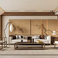 New Chinese Style Living Room Song Dynasty Aesthetics No Main Light Sofa Coffee Table Combination Sofa Background Wall Floor Lamp 3d model