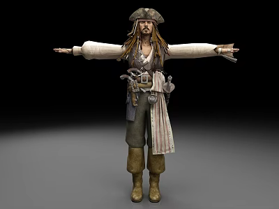 Pirate Character With Long Hair Hat And Accessories Arms Outstretched 3d model