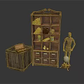 Rustic Wooden Bookshelf With Shelves Drawers And Storage Chest Globe Decorative Mannequin