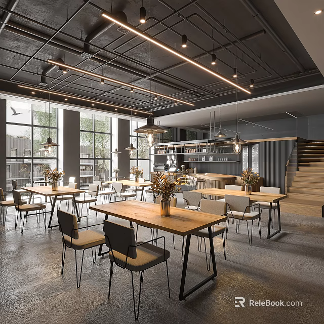 Modern Coffee Shop Interior with Open Layout Wooden Tables Pendant Lights and Large Windows 3d model 