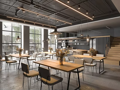Modern Coffee Shop Interior with Open Layout Wooden Tables Pendant Lights and Large Windows 3d model