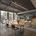 Modern Coffee Shop Interior with Open Layout Wooden Tables Pendant Lights and Large Windows
