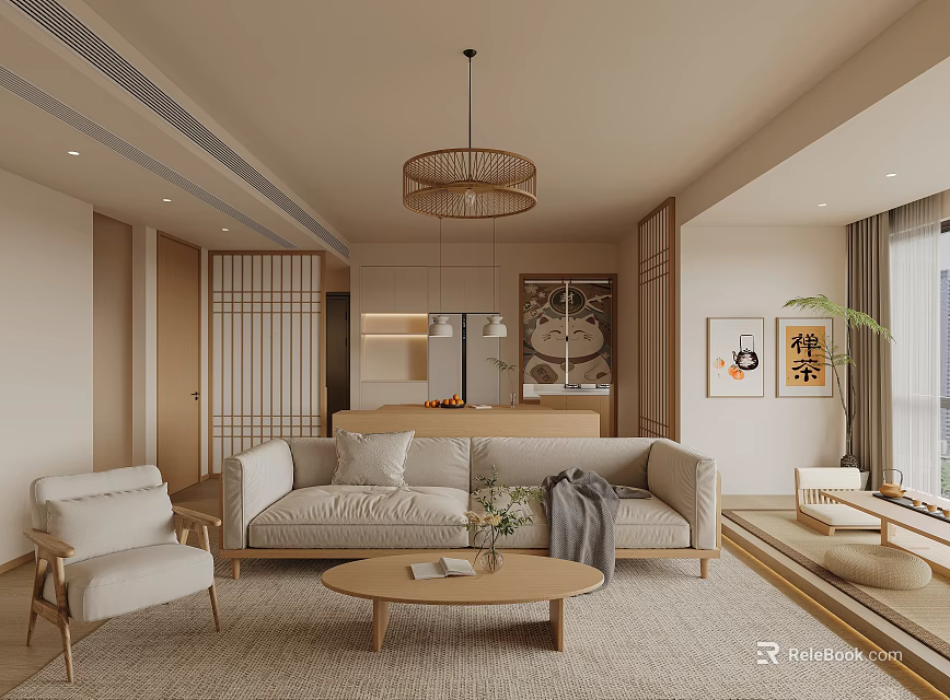 Modern Minimalist Living And Dining Room With Beige Sofa Rattan Pendant Light And Green Plants 3d model 