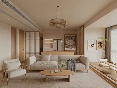 Modern Minimalist Living And Dining Room With Beige Sofa Rattan Pendant Light And Green Plants 3d model