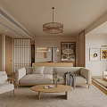 Modern Minimalist Living And Dining Room With Beige Sofa Rattan Pendant Light And Green Plants