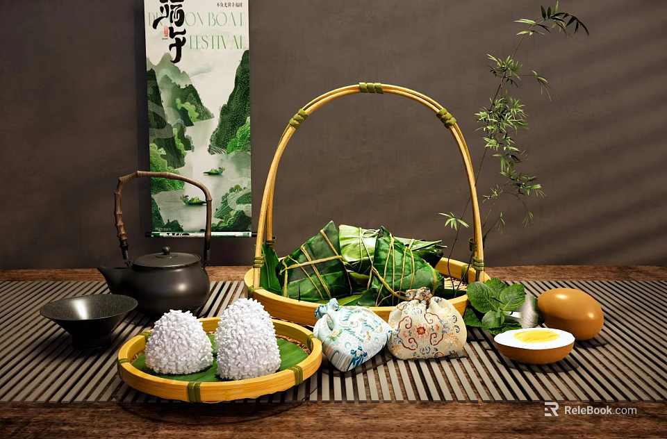 Traditional Dragon Boat Festival Decorative Ornament Set With Zongzi Bamboo Basket Teapot And Sachet 3d model 
