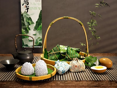 Traditional Dragon Boat Festival Decorative Ornament Set With Zongzi Bamboo Basket Teapot And Sachet 3d model