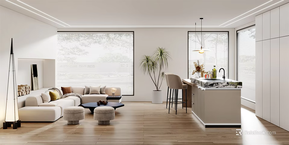 Modern Open Concept Living Dining Area With Sofa Poufs And Kitchen Island 3d model 