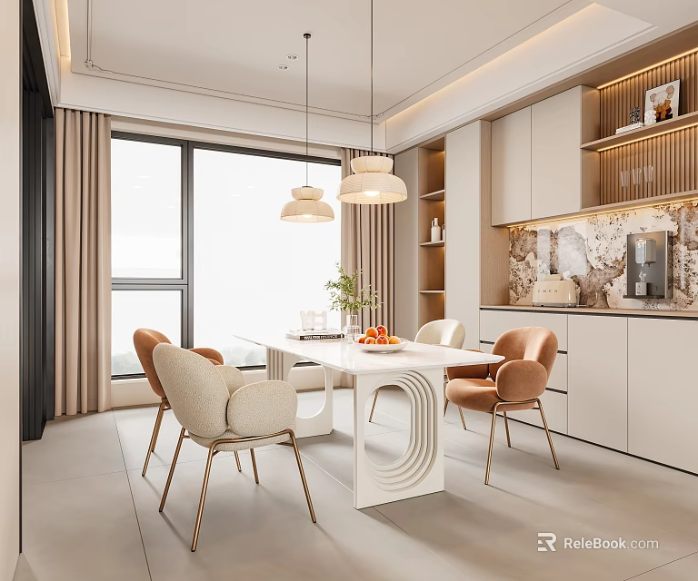 Elegant Modern Restaurant Interior With Dining Table Chairs Pendant Lights Large Windows And Marble Backsplash 3d model 