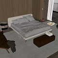 Modern Double Bed with Soft Pillows and Cozy Blanket in Bedroom With Leather Chair Ottoman