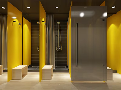 SPA Sauna Interior With Yellow Walls Multiple Shower Stalls Glass Doors And Bench Seats 3d model