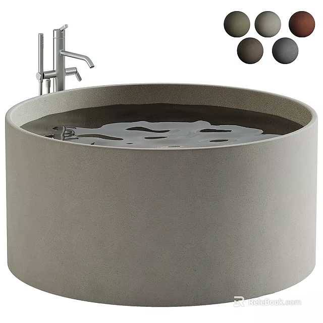 Modern Round Gray Concrete Bathtub With Chrome Faucet And Black Decorative Balls 3d model 