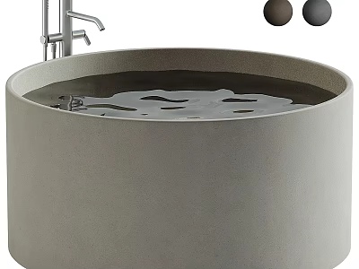 Modern Round Gray Concrete Bathtub With Chrome Faucet And Black Decorative Balls 3d model