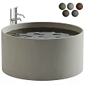 Modern Round Gray Concrete Bathtub With Chrome Faucet And Black Decorative Balls