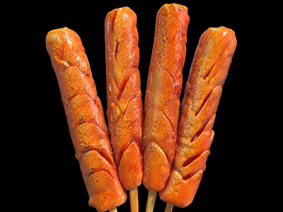 Appetizing Grilled Sausages Skewered On Wooden Sticks With Golden Brown Crispy Texture 3d model