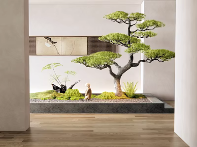 Tranquil Indoor Landscape With Bonsai Tree Small Statue Moss And Wooden Floor 3d model