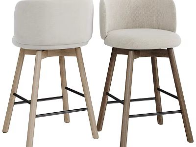 Two Modern Bar Stools With Beige Upholstered Seats And Wooden Legs With Metal Crossbar 3d model