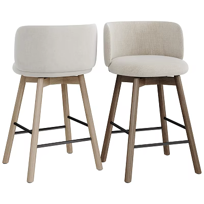 Two Modern Bar Stools With Beige Upholstered Seats And Wooden Legs With Metal Crossbar 3d model