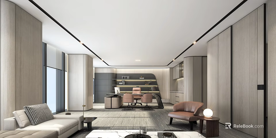 Modern Office Interior Design With Executive Desk Comfortable Chairs Sofa And Large Windows 3d model 