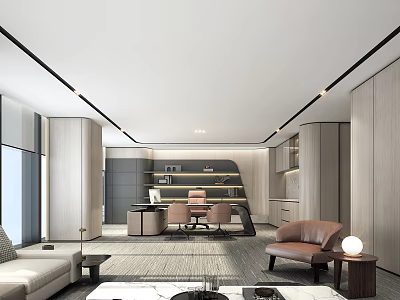 Modern Office Interior Design With Executive Desk Comfortable Chairs Sofa And Large Windows 3d model