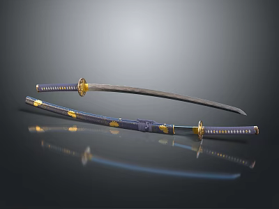 Traditional Japanese Katana with Unsheathed Blade Sheath Golden Accents and Reflection on Dark Background 3d model