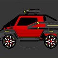 Red And Black Off Road Vehicle With Yellow Accents Roof Rack And Futuristic Design