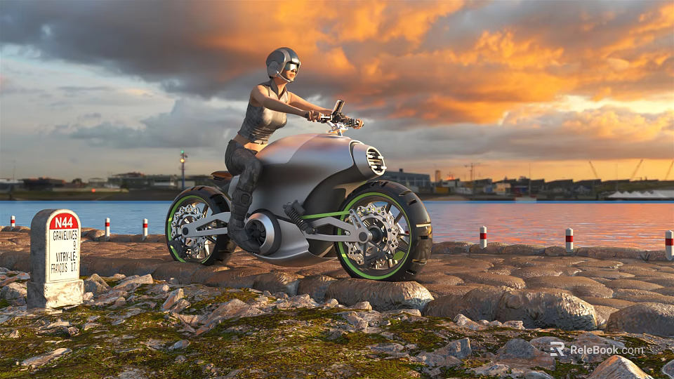 Futuristic Silver Motorcycle with Helmeted Rider Riding by Rocky Waterfront Under Orange Sunset Sky 3d model 