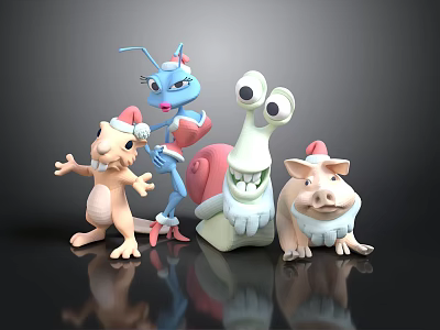 Cheerful 3D Cartoon Characters Wearing Christmas Hats Posing Playfully 3d model