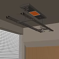 Ceiling Mounted Silver Clothes Drying Rack With Light Near Window Blinds And Wooden Wall