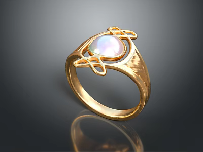 Elegant Gold Ring Featuring Oval Opal With Pearly Luster and Intricate Gold Decorative Details 3d model