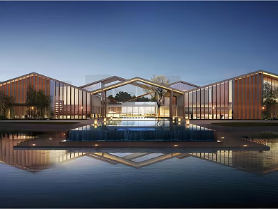 Modern Sales Office Building With Glass Walls Wooden Accents And Water Reflection In Evening Light 3d model