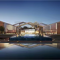Modern Sales Office Building With Glass Walls Wooden Accents And Water Reflection In Evening Light