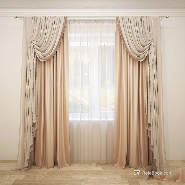 Beige Soft Pleated Curtains With Draped Top And Sheer White Inner Layer For Window Interior 3d model