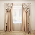 Beige Soft Pleated Curtains With Draped Top And Sheer White Inner Layer For Window Interior 3d model