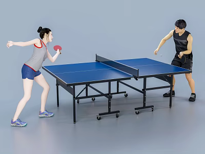 Two People Playing Table Tennis With Rackets On Blue Table 3d model