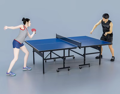 Two People Playing Table Tennis With Rackets On Blue Table 3d model
