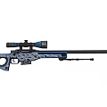 Blue Rifle With Ornate White Patterns And High Precision Mounted Scope
