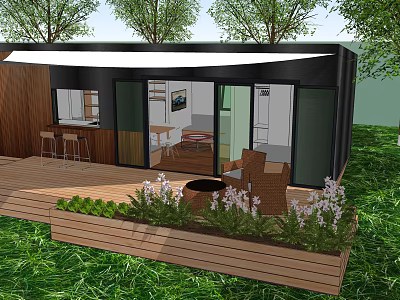 Modern Container House Exterior With Wooden Deck Lawn Plants Chairs And Fire Pit 3d model