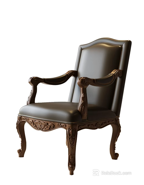 Elegant Leather Leisure Chair With Carved Wooden Frame Padded Seat And Classic Armrests Design 3d model 