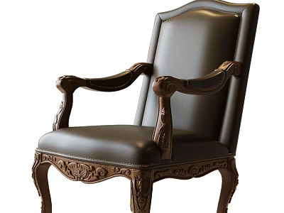 Elegant Leather Leisure Chair With Carved Wooden Frame Padded Seat And Classic Armrests Design 3d model