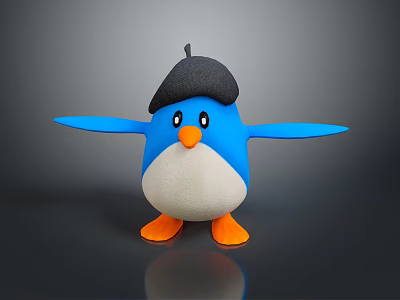 Adorable Cartoon Penguin Plush Toy With Blue Body White Belly And Black Hat 3d model