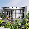 Serene Roof Garden With Green Plants Outdoor Table Chairs Hanging Lantern And Tiled Floor
