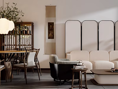 Traditional Chinese Living and Dining Room with Wooden Furniture Sofa Room Divider and Green Plants 3d model