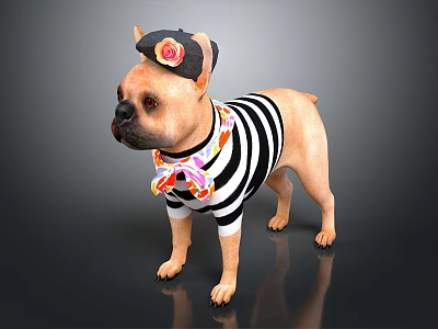 French Bulldog Wearing Striped Shirt With Patterned Bow And Flower Hat 3d model