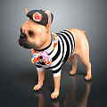 French Bulldog Wearing Striped Shirt With Patterned Bow And Flower Hat
