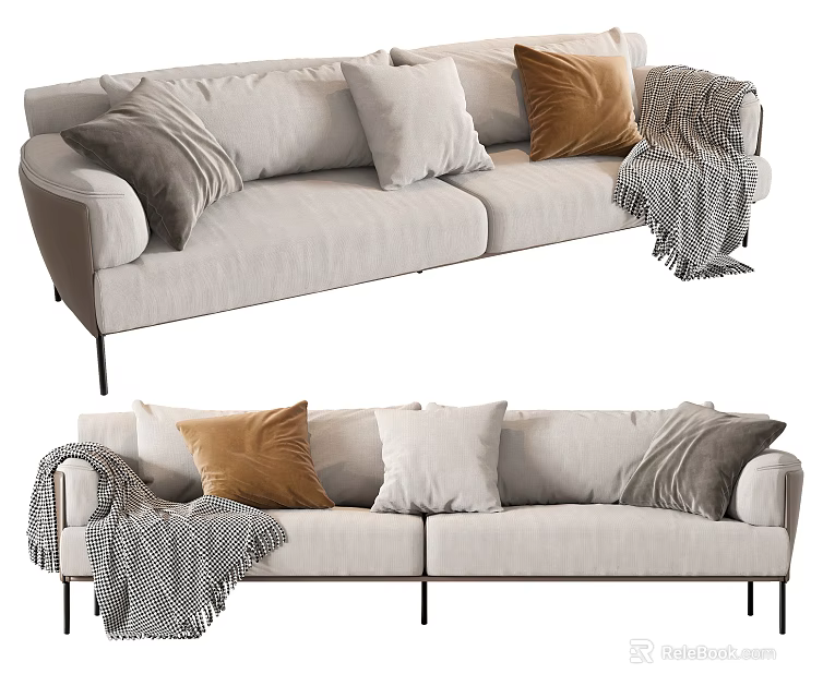 Beige Two Seater Fabric Sofa with Soft Cushions and Knitted Throw Blanket 3d model 