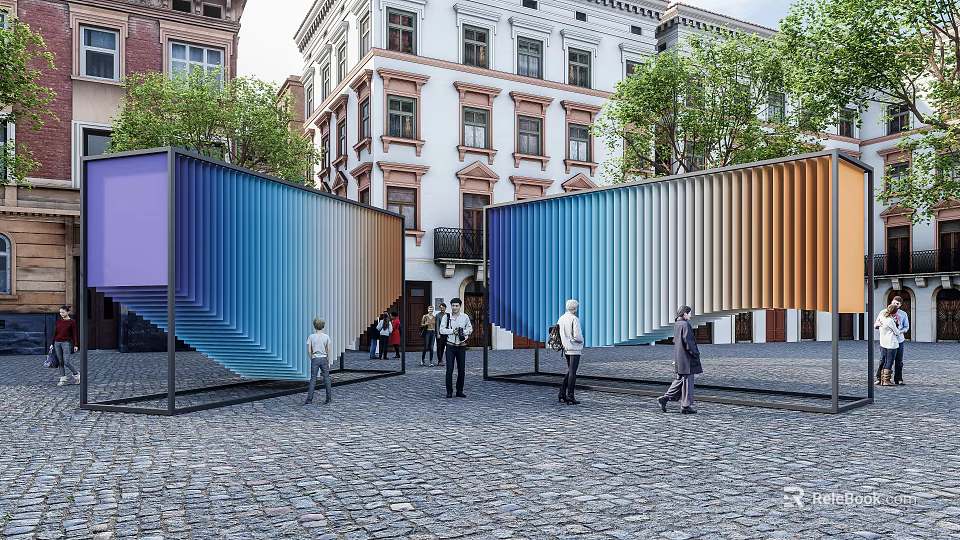 Outdoor Sculpture With Colorful Corrugated Panels In Urban Square With Pedestrians And Historic Buildings 3d model 
